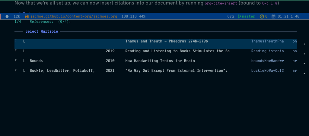 Inserting a citation in Emacs